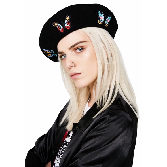 VHTF: Valfre ☻︎ Social Butterfly Embroidered Beret Hat ☻︎ Black Wool ☻︎ Colorful - Picture 6 of 17